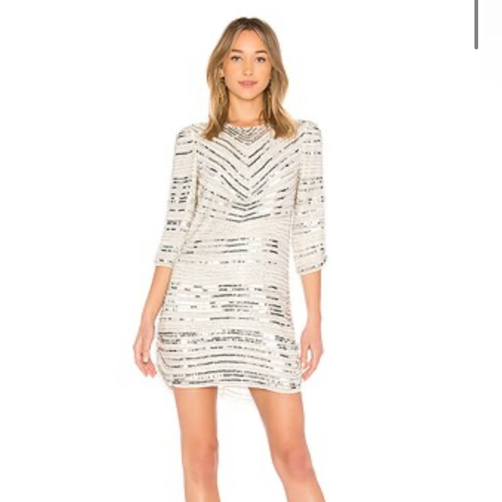 PARKER BLACK PETRA WHITE MINI GOLD SILVER SEQUIN 3/4 SLEEVE SHIFT SHIRT DRESS L